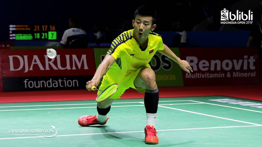 Chen Long saat tampil di ajang Blibli Indonesia Open 2018.