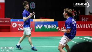 Selebrasi kemenangan Kevin Sanjaya Sukamuljo/Marcus Fernaldi Gideon (Indonesia).