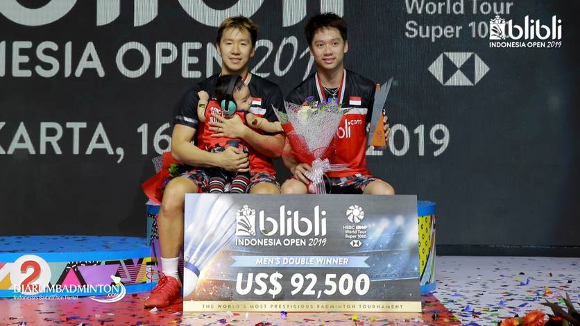 Kevin Sanjaya Sukamuljo/Marcus Fernaldi Gideon (Indonesia) keluar sebagai juara ganda putra Blibli Indonesia Open 2019.