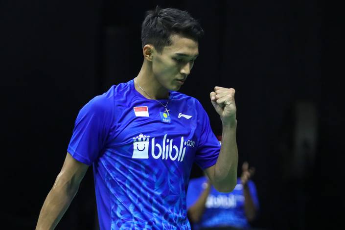 Selebrasi Jonatan Christie (tim Rajawali).