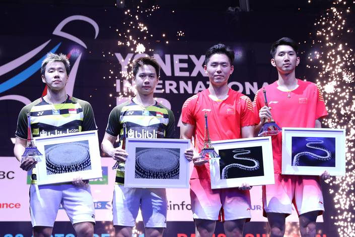 Kevin Sanjaya Sukamuljo/Marcus Fernaldi Gideon (kiri) keluar sebagai runner up French Open 2018 BWF World Tour SUper 750.