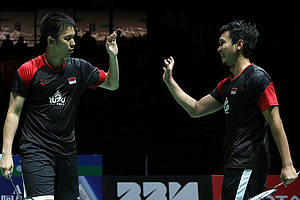 Selebrasi Hendra Setiawan/Mohammad Ahsan (Indonesia).