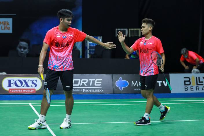 Daniel Marthin/Leo Rolly Carnando (Indonesia) saat berlaga di ajang Mola TV PBSI Thomas & Uber Cup Simulation 2020.