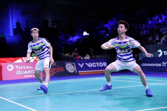 Kevin Sanjaya Sukamuljo/Marcus Fernaldi Gideon bersiap menyambut pengembalian.