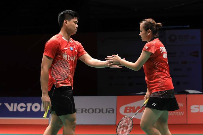 Selebrasi Praveen Jordan/Melati Daeva Oktavianti.