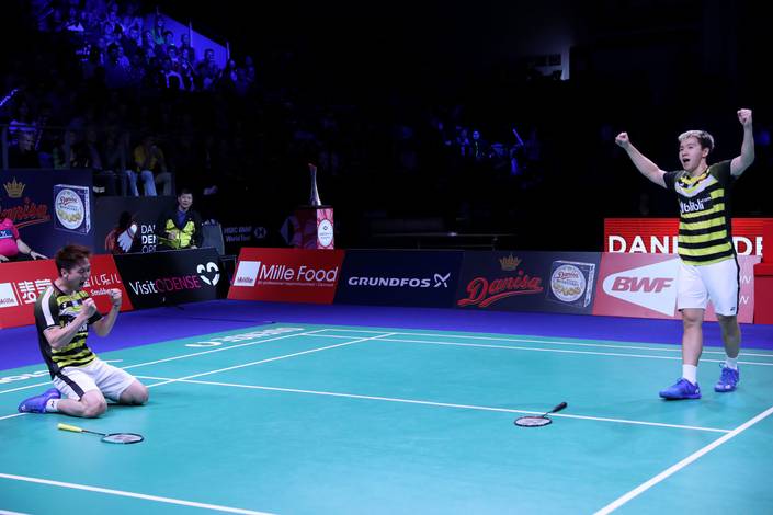 Selebrasi kemenangan Kevin Sanjaya Sukamuljo/Marcus Fernaldi Gideon.