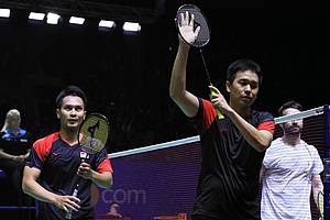 Selebrasi kemenangan Hendra Setiawan/Mohammad Ahsan (Indonesia).