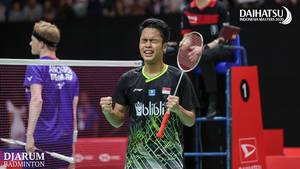 Selebrasi kemenangan Anthony Sinisuka Ginting (Indonesia).