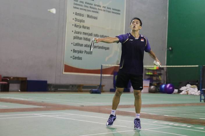 Jonatan Christie (Indonesia) saat menjalani sesi latihan di Pelatnas PBSI. (Foto: PP PBSI)