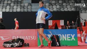 Carolina Marin (Spanyol) saat melakukan pemanasan sebelum memulai latihan.