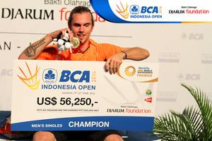 Jan O Jorgensen (Denmark) saat menjuarai BCA Indonesia Open Super Series Premier 2014 lalu di Istora Senayan, Jakarta.