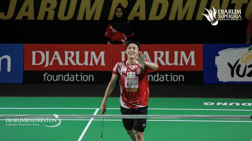 Jonatan Christie (Indonesia) saat tampil di ajang Djarum Superliga Badminton 2019.