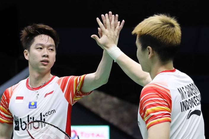 Selebrasi kemenangan Kevin Sanjaya Sukamuljo/Marcus Fernaldi Gideon (Indonesia).