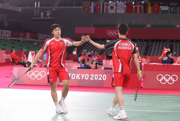 Selebrasi ganda putra Indonesia, Kevin Sanjaya Sukamuljo/Marcus Fernaldi Gideon. (Foto: BADMINTONPHOTO - Yves Lacroix)