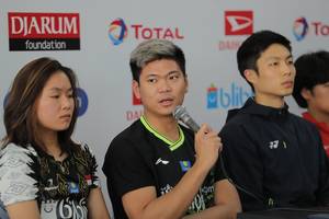 Praveen Jordan (Indonesia) saat sesi tanya jawab konfrensi pers Daihatsu Indonesia Masters 2020 BWF World Tour Super 500.