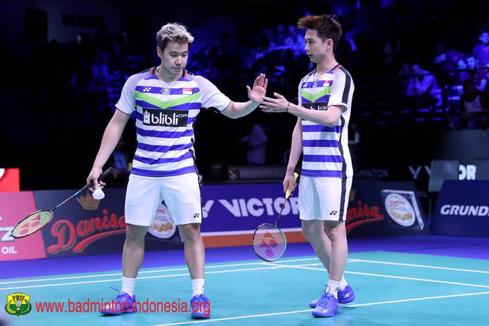 Kevin Sanjaya Sukamuljo/Marcus Fernaldi Gideon saat tampil di Kejuaraan Denmark Open 2018 BWF World Tour Super 750.