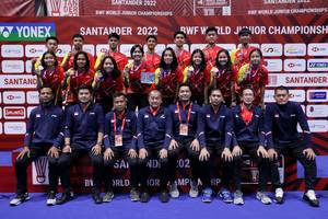 Para pemain dan pelatih Indonesia pada Kejuaraan Dunia Junior 2022 (Humas PP PBSI)