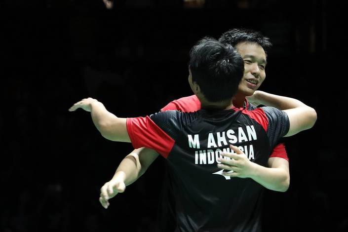 Selebrasi kemenangan Hendra Setiawan/Mohammad Ahsan (Indonesia).