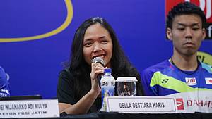 Della Destiara Haris (Indonesia) saat konfrensi pers Yuzu Indonesia Masters 2019 BWF Tour Super 100.
