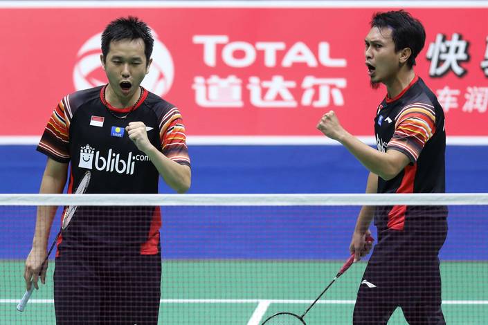 Selebrasi kemenangan Hendra Setiawan/Mohammad Ahsan (Indonesia).