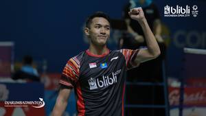 Selebrasi Jonatan Christie (Indonesia) saat berlaga di ajang Blibli Indonesia Open 2019 BWF World Tour Super 1000.